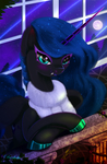 Size: 3360x5120 | Tagged: safe, artist:darksly, nightmare moon, alicorn, pony, g4, clothes, commission, fangs, female, full moon, mare, missing accessory, moon, reflection, relaxing, reward, smiling, solo