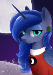 Size: 3541x5016 | Tagged: safe, artist:whiskeypanda, derpibooru exclusive, princess luna, alicorn, pony, g4, clothes, cutie mark on clothes, female, hearth's warming, looking at you, mare, moon, night, smiling, snow, sweater, text