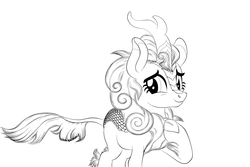 Size: 3000x2000 | Tagged: safe, artist:vasillium, autumn blaze, kirin, g4, season 8, sounds of silence, black and white, ears up, female, grayscale, happy, high res, hoof on chest, horn, looking, monochrome, nostrils, raised hoof, simple background, smiling, solo, standing, tail, transparent background