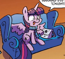 Size: 222x201 | Tagged: safe, idw, twilight sparkle, alicorn, pony, g4, my little pony holiday special 2015, bag, clothes, couch, female, scarf, solo, twilight sparkle (alicorn)