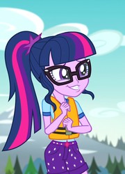 Size: 776x1080 | Tagged: safe, screencap, sci-twi, twilight sparkle, equestria girls, g4, legend of everfree - bloopers, my little pony equestria girls: legend of everfree, camp everfree outfits, cropped, cute, everfree forest, faic, female, glasses, lifejacket, ponytail, smiling, solo, twiabetes