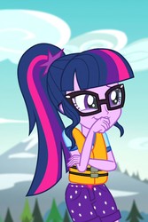 Size: 721x1080 | Tagged: safe, screencap, sci-twi, twilight sparkle, equestria girls, g4, my little pony equestria girls: legend of everfree, camp everfree outfits, cropped, cute, female, glasses, lifejacket, ponytail, smiling, solo, twiabetes