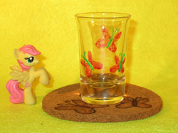 Size: 1833x1374 | Tagged: safe, artist:malte279, fluttershy, g4, blind bag, coaster, cork, craft, cutie mark, female, glass, glass painting, irl, photo, pyrography, shot glass, toy, traditional art