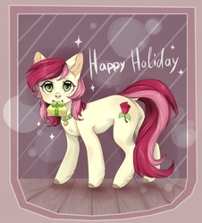 Size: 976x1080 | Tagged: artist needed, safe, roseluck, earth pony, pony, g4, collar, commissioner:doom9454, cute, digital art, female, happy holidays, looking at you, mare, mouth hold, pet tag, pony pet, present, rosepet, solo, standing
