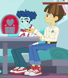 Size: 618x708 | Tagged: safe, screencap, curly winds, some blue guy, wiz kid, coinky-dink world, eqg summertime shorts, equestria girls, g4, background human, clothes, converse, cropped, gay, male, pants, ship:wizwinds, shipping, shoes, smiling, sneakers