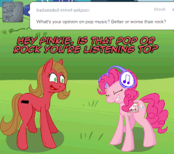 Size: 675x600 | Tagged: safe, artist:command-a-pony, pinkie pie, oc, oc:pun, earth pony, pony, ask pun, g4, animated, ask, female, gif, headphones, mare