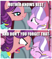 Size: 639x721 | Tagged: safe, edit, edited screencap, screencap, diamond tiara, spoiled rich, earth pony, pony, crusaders of the lost mark, g4, season 5, abuse, bad parenting, bags under eyes, bait and switch, caption, equestria's worst mother, image macro, spoiled bitch, text, tiarabuse