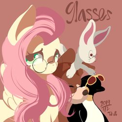 Size: 835x832 | Tagged: safe, artist:tohupo, fluttershy, bird, dog, pegasus, penguin, pony, rabbit, g4, brown background, female, glasses, looking at you, mare, simple background