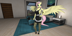 Size: 1920x986 | Tagged: safe, artist:bangayo, fluttershy, pegasus, anthro, unguligrade anthro, g4, 3d, backless, bedroom, breasts, clothes, female, fluttermaid, french maid, lingerie, maid, mare, second life, sexy, sideboob, solo, stockings, thigh highs