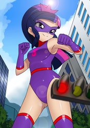 Size: 1627x2315 | Tagged: safe, artist:chacrawarrior, sci-twi, twilight sparkle, equestria girls, g4, armpits, boots, breasts, city, clothes, female, giantess, human coloration, leotard, macro, magic gaia, request, sci-titan, shoes, solo, superhero, thigh boots