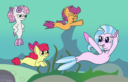 Size: 5100x3300 | Tagged: safe, artist:toonboy92484, apple bloom, scootaloo, silverstream, sweetie belle, seapony (g4), g4, cutie mark crusaders, sea-mcs, seaponified, seapony apple bloom, seapony scootaloo, seapony silverstream, seapony sweetie belle, species swap, sweetie belle is not amused, swimming, unamused, underwater