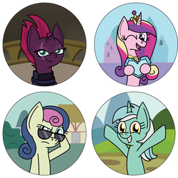 Size: 2250x2250 | Tagged: safe, artist:toonboy92484, bon bon, lyra heartstrings, princess cadance, sweetie drops, tempest shadow, g4, buttons, high res