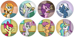 Size: 4500x2250 | Tagged: safe, artist:toonboy92484, apple bloom, derpy hooves, night glider, pear butter, princess celestia, scootaloo, sugar belle, sweetie belle, g4, buttons