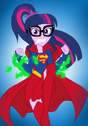 Size: 2452x3495 | Tagged: safe, artist:edcom02, artist:jmkplover, sci-twi, twilight sparkle, human, equestria girls, g4, angry, blue background, boots, breasts, chains, clothes, crossover, female, glasses, high res, kryptonite, miniskirt, ponytail, shoes, simple background, skirt, socks, solo, supergirl, thigh boots, thigh highs