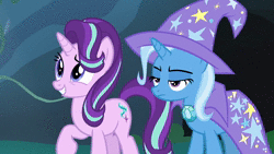 Size: 1280x720 | Tagged: safe, edit, edited screencap, screencap, pharynx, starlight glimmer, trixie, changeling, pony, unicorn, g4, to change a changeling, animated, changeling hive, moss, smiling, sound, stone, vine, webm
