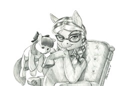 Size: 1400x969 | Tagged: safe, artist:baron engel, apple bloom, oc, oc:lily dancer, pony, g4, braid, female, glasses, grayscale, mare, monochrome, pencil drawing, plushie, simple background, sketch, smiling, story in the source, traditional art, white background