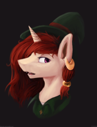 Size: 1280x1679 | Tagged: safe, artist:lilac, oc, oc only, pony, unicorn, bust, ear piercing, earring, hat, jewelry, piercing, portrait, red mane, solo, witch hat