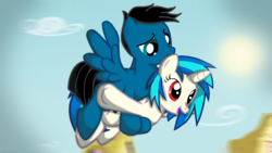 Size: 3840x2160 | Tagged: safe, artist:agkandphotomaker2000, dj pon-3, vinyl scratch, oc, oc:pony video maker, pegasus, pony, unicorn, g4, canon x oc, carrying, couple, flying, high res, holding a pony, videoscratch