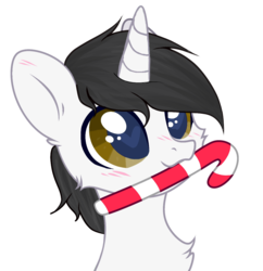 Size: 1162x1200 | Tagged: source needed, useless source url, safe, artist:limondash, oc, oc only, oc:shiron, alicorn, pony, unicorn, :3, alicorn oc, blushing, candy, candy cane, cheek fluff, chest fluff, colored pupils, commission, cute, ear fluff, fluffy, food, heart eyes, horn, male, mouth hold, nom, ocbetes, smiling, solo, stallion, wingding eyes, ych result