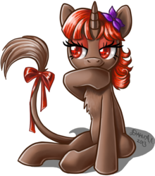 Size: 470x535 | Tagged: safe, artist:dany-the-hell-fox, oc, oc only, oc:ziojlara, pony, unicorn, bow, chest fluff, cute, female, flower, flower in hair, hooves, horn, mare, open mouth, ponified, simple background, sitting, smiling, solo, tail bow, transparent background