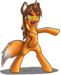 Size: 560x690 | Tagged: safe, artist:dany-the-hell-fox, oc, oc only, oc:mirosława, fox, fox pony, hybrid, original species, pony, unicorn, bipedal, female, fox tail, hooves, horn, mare, open mouth, ponified, simple background, smiling, solo, teeth, transparent background