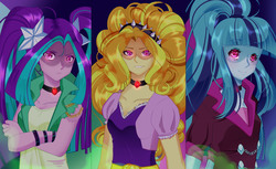 Size: 1794x1100 | Tagged: safe, artist:clefficia, adagio dazzle, aria blaze, sonata dusk, equestria girls, g4, my little pony equestria girls: rainbow rocks, clothes, creepy, creepy smile, crossed arms, female, gem, glowing eyes, looking at you, siren gem, smiling, the dazzlings