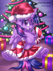 Size: 2250x3000 | Tagged: safe, artist:shad0w-galaxy, twilight sparkle, alicorn, pony, g4, christmas, christmas tree, clothes, cute, female, hat, high res, holiday, mare, patreon, patreon logo, present, santa hat, skirt, socks, solo, stockings, striped socks, thigh highs, tree, twilight sparkle (alicorn)