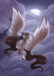 Size: 2460x3410 | Tagged: safe, artist:shadow-nights, oc, oc only, oc:astralia, pegasus, pony, commission, female, flying, high res, large wings, mare, moon, night, solo, tree, wings