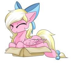 Size: 3049x2520 | Tagged: safe, artist:asklevee, artist:kxttponies, oc, oc only, oc:bay breeze, pegasus, pony, behaving like a cat, bow, box, cute, ear fluff, eyes closed, female, hair bow, high res, if i fits i sits, mare, ocbetes, pony in a box, simple background, solo, tail bow, transparent background, ych result