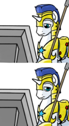 Size: 392x712 | Tagged: safe, artist:plunger, pony, unicorn, 2 panel comic, drawthread, meme, ponified reaction image, reaction image, roman, royal guard, simple background, white background