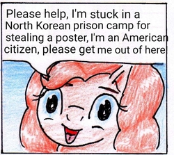 Size: 886x792 | Tagged: safe, artist:40kponyguy, pinkie pie, g4, 40kponyguy pinkie pie meme, caption, exploitable meme, face of mercy, gulaged, image macro, meme, north korea, pleading, text, traditional art