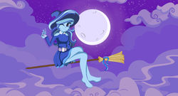 Size: 1600x862 | Tagged: safe, artist:amethystmajesty25, oc, oc:azura brush, equestria girls, g4, barefoot, broom, clothes, cloud, costume, feet, flying, flying broomstick, hat, magic, moon, night, nightmare night, nightmare night costume, not trixie, one eye closed, one eye open, stars, wink, witch, witch hat