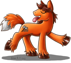 Size: 700x625 | Tagged: safe, artist:dany-the-hell-fox, oc, oc only, oc:bolesław, earth pony, fox, fox pony, hybrid, original species, pony, colored hooves, cutie mark, eyes closed, fox tail, hoof fluff, hooves, male, ponified, simple background, solo, stallion, tongue out, transparent background