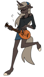 Size: 342x599 | Tagged: safe, artist:redxbacon, oc, oc only, oc:parch well, unicorn, anthro, unguligrade anthro, anthro oc, clothes, denim skirt, eyes closed, female, mare, miniskirt, music notes, musical instrument, simple background, skirt, smiling, solo, white background