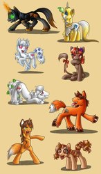 Size: 596x1024 | Tagged: safe, artist:dany-the-hell-fox, oc, oc only, oc:bolesław, oc:diana, oc:emilia, oc:józef, oc:mirosława, oc:witold, oc:ziojlara, oc:złata, alicorn, earth pony, fox, fox pony, hybrid, original species, pony, unicorn, alicorn oc, apple, balancing, bipedal, blood, bow, chest fluff, colored, colored hooves, colored wings, cute, cutie mark, eyes closed, face down ass up, female, floppy ears, flower, flower in hair, flower in tail, food, fox tail, glowing horn, grin, hoof fluff, hooves, horn, leaf, lidded eyes, looking up, magic, male, mare, open mouth, ponified, shadow, simple background, sitting, smiling, spread wings, stallion, tail bow, teeth, tongue out, wings