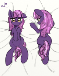 Size: 2592x3333 | Tagged: safe, artist:achmeddb, oc, oc only, oc:lavender eclipse, earth pony, pony, bed sheets, body pillow, body pillow design, butt, female, high res, looking at you, mare, plot, solo