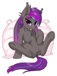Size: 2000x2653 | Tagged: safe, artist:up1ter, oc, oc only, oc:platinum wing, bat pony, pony, female, high res, mare, pillow, solo, spread legs, spreading