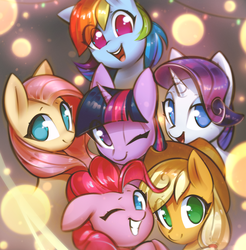 Size: 1986x2019 | Tagged: safe, artist:mirroredsea, applejack, fluttershy, pinkie pie, rainbow dash, rarity, twilight sparkle, alicorn, earth pony, pegasus, pony, unicorn, g4, applejack's hat, bust, cowboy hat, cute, dashabetes, diapinkes, eye clipping through hair, female, floppy ears, grin, group, hat, high res, horn, jackabetes, looking at you, mane six, mare, no pupils, one ear down, one eye closed, open mouth, open smile, portrait, raribetes, sextet, shyabetes, smiling, smiling at you, twiabetes, twilight sparkle (alicorn), wink, winking at you