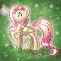 Size: 512x512 | Tagged: safe, artist:dany-the-hell-fox, fluttershy, butterfly, pegasus, pony, g4, female, grass, hooves, mare, raised hoof, solo, wings