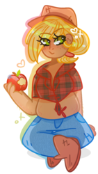 Size: 724x1280 | Tagged: safe, artist:vivian reed, applejack, human, g4, apple, boots, clothes, cute, eye clipping through hair, female, food, front knot midriff, heart, humanized, jackabetes, jeans, midriff, pants, plump, pudgy, shoes, simple background, sitting, solo, transparent background