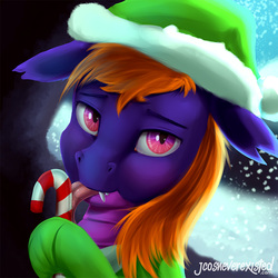 Size: 800x800 | Tagged: safe, artist:jcosneverexisted, oc, oc only, oc:nebby, dragon, candy, candy cane, christmas, clothes, female, food, hat, holiday, looking at you, patreon, santa hat, snow, socks, tongue out