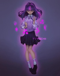 Size: 1024x1280 | Tagged: safe, artist:tytochii, twilight sparkle, human, g4, clothes, cutie mark, eyes closed, female, glowing, gradient background, humanized, magic, pleated skirt, shoes, skirt, socks, solo, sweater