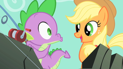 Size: 1280x720 | Tagged: safe, screencap, applejack, spike, a dog and pony show, g4, fishing rod, kissy face, out of context