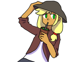 Size: 1280x1024 | Tagged: safe, artist:lunawoonanight, part of a set, applejack, human, g4, brazilian fashion, cute, drink, female, hat, human coloration, humanized, jackabetes, mate, no pupils, simple background, solo, straw, white background