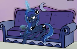 Size: 4232x2696 | Tagged: safe, artist:monsterglad, princess luna, alicorn, pony, gamer luna, g4, controller, couch, female, magic, open mouth, solo