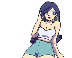 Size: 1280x1024 | Tagged: safe, artist:lunawoonanight, part of a set, rarity, human, g4, bare shoulders, beautiful, belly button, brazilian fashion, breasts, cleavage, cute, ear piercing, earring, female, human coloration, humanized, jewelry, lipstick, no pupils, piercing, raribetes, simple background, solo, white background