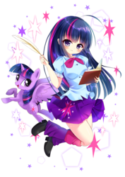 Size: 2480x3508 | Tagged: safe, artist:スピカ, twilight sparkle, alicorn, human, pony, equestria girls, g4, anime, book, clothes, cute, female, high res, human coloration, human ponidox, leg warmers, mare, moe, pixiv, pleated skirt, quill, self ponidox, shoes, skirt, skirt lift, solo, twiabetes, twilight sparkle (alicorn)