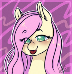 Size: 1280x1315 | Tagged: safe, artist:stella-drawz, fluttershy, pony, g4, :p, bust, cute, ear fluff, eye clipping through hair, eyebrows, eyebrows visible through hair, female, lidded eyes, no pupils, portrait, shyabetes, signature, silly, solo, tongue out