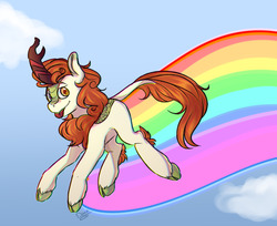 Size: 1280x1047 | Tagged: safe, artist:dark--drawz, autumn blaze, kirin, g4, sounds of silence, :p, cloud, cloven hooves, female, leonine tail, rainbow, silly, sky, solo, tongue out