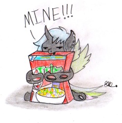 Size: 1045x1054 | Tagged: safe, artist:brogararts, oc, oc only, changeling, cereal, cereal box, changeling oc, female, food, mine!, solo, traditional art, trix